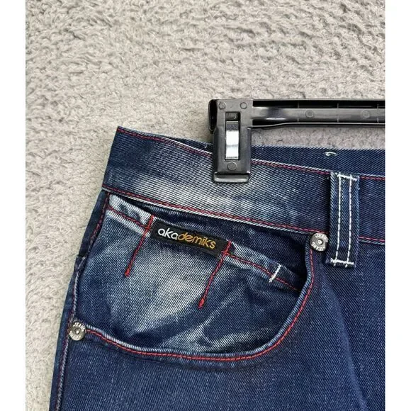 Akademiks Jeans Mens 38 Blue Distressed Loose Fit Straight Leg Pockets Denim NEW